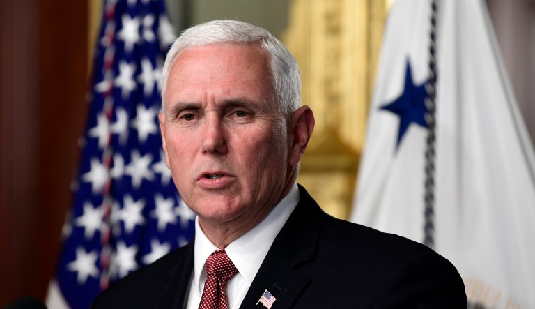 Vice President Mike Pence speaks during an event to swear in Carlos Trujillo as the U.S. Ambassador to the Organization of American States in the Vice President's Ceremonial Office in the Eisenhower Executive Office Building on the White House complex in Washington, Wednesday, May 2, 2018.