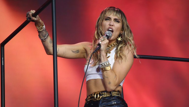 Singer Miley Cyrus performs on the final day of Glastonbury Festival at Worthy Farm, Somerset, England, Sunday, June 30, 2019. Temperatures soared over the weekend as a heatwave hit parts of Europe, while the festival runs for five days and is one of the largest events of its kind in the world.