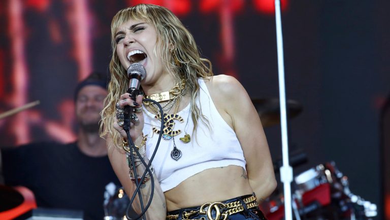 Singer Miley Cyrus performs on the final day of Glastonbury Festival at Worthy Farm, Somerset, England, Sunday, June 30, 2019. 