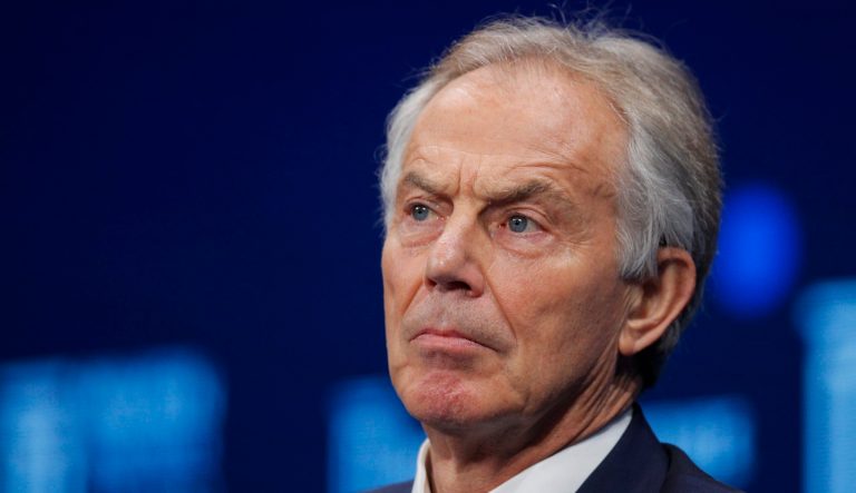 Former British Prime Minister Tony Blair listens during a discussion at the Milken Institute Global Conference Monday, April 30, 2018, in Beverly Hills, Calif.