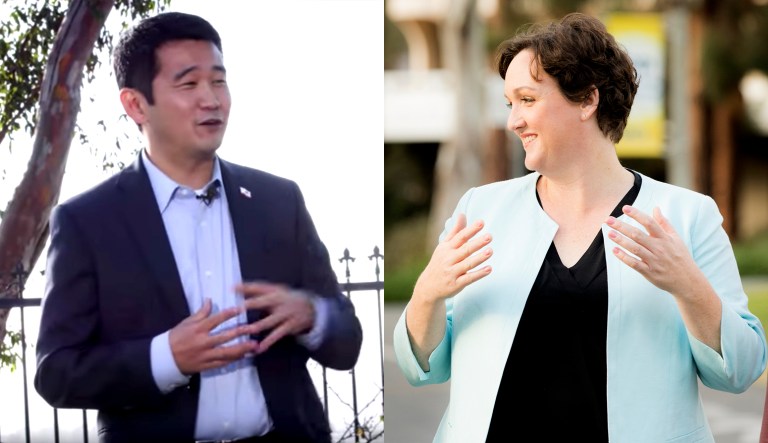 David Min is shown on the left, and Katie Porter is shown on the right. Both are candidates in a Democratic primary in California's 45th Congressional District.