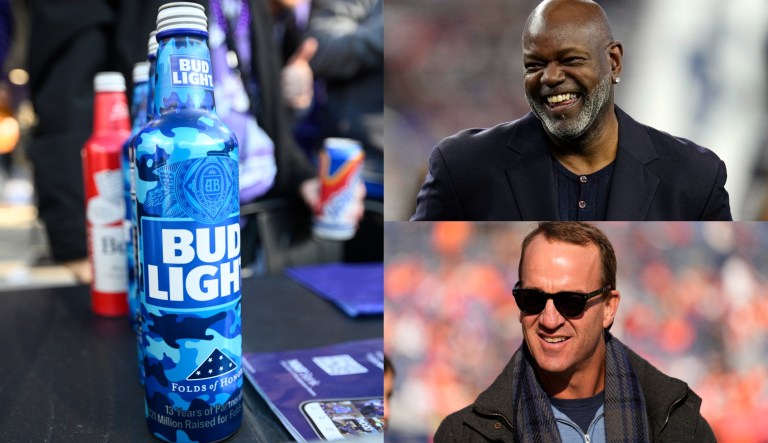 A bottle of Bud Light, left, former Dallas Cowboys player Emmitt Smith, upper right, and former Denver Broncos player Peyton Manning, bottom right.