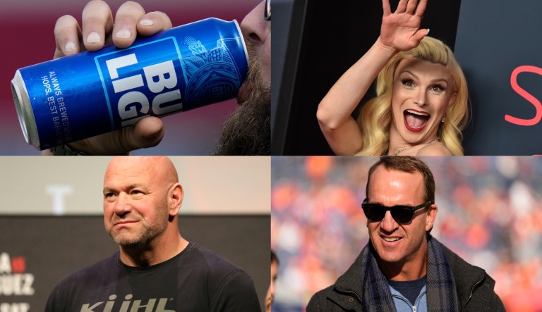 A can of Bud Light, top left, transgender influencer Dylan Mulvaney, top right, UFC President Dana White, bottom left, and former Denver Broncos player Peyton Manning, bottom right. Since Bud Light sales tanked at the start of this year due to a partnership the beer did with Mulvaney, the beer's owner Anheuser-Busch has worked throughout 2023 to try and repair Bud Light's reputation, including partnerships with the UFC and featuring Manning in an ad released in December 2023.