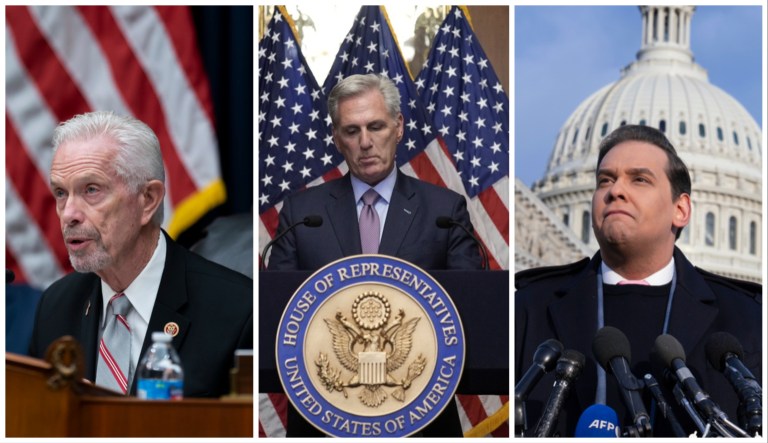 The Republican House majority is in peril as Reps. Bill Johnson (R-OH), Kevin McCarthy (R-CA), and George Santos (R-NY) will all have left office before the 2024 elections.