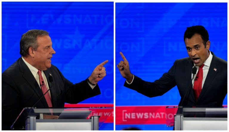 Chris Christie and Vivek Ramaswamy during the fourth Republican debate