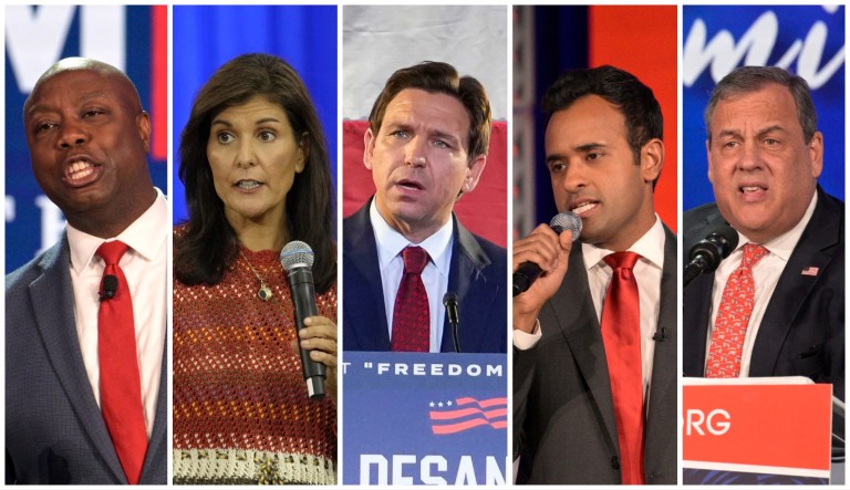 The Republican presidential candidates who qualified for the third debate. Sen. Tim Scott (R-SC), former South Carolina Gov. Nikki Haley, Gov. Ron DeSantis (R-FL), entrepreneur Vivek Ramaswamy, and former New Jersey Gov. Chris Christie.