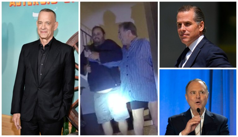 Opening statements in the defense of David DePape, who is accused of attacking Paul Pelosi with a hammer, explained he went down a conspiracy theory rabbit hole featuring the likes of Tom Hanks (left), Hunter Biden (top right) and Adam Schiff (bottom right).