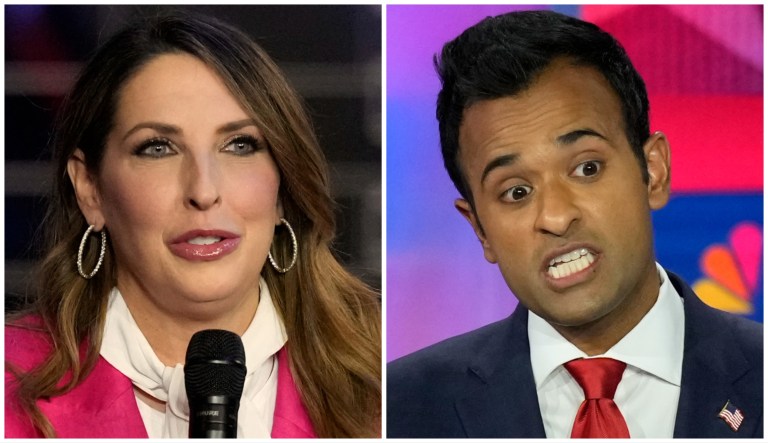 Republican National Committee chairwoman Ronna McDaniel and Republican presidential candidate Vivek Ramaswamy.
