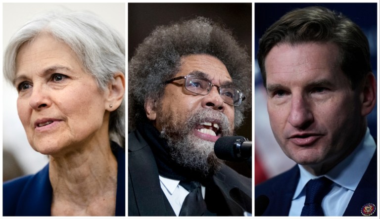 Left: former Green Party candidate Jill Stein; Center: Cornel West; Right: Rep. Dean Phillips (D-MN)