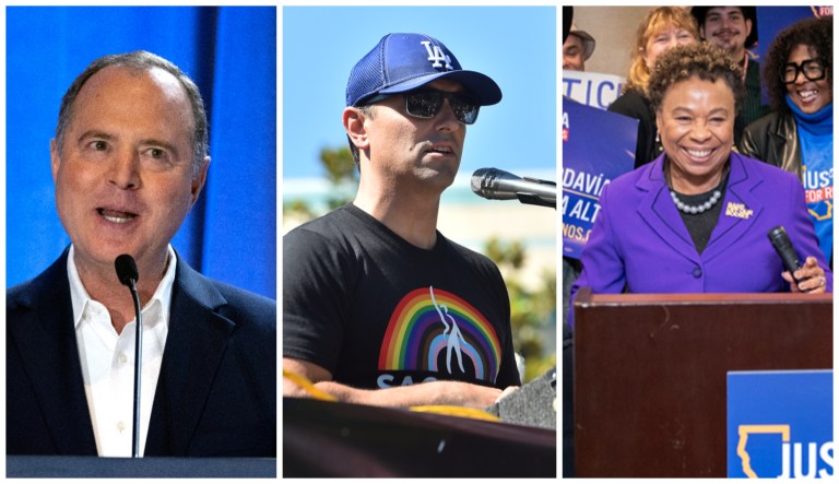 Rep. Adam Schiff (D-CA) (left) lost an endorsement from Burbank Mayor Konstantine Anthony (center) in the 2024 California Senate race to Rep. Barbara Lee (D-CA) (right) on Monday, Dec. 11, 2023.