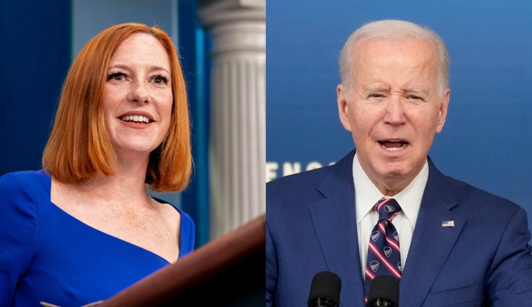MSNBC host Jen Psaki, left, and President Joe Biden, right.