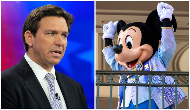 Gov. Ron DeSantis (R-FL) during a Republican presidential primary debate hosted by NBC News on Nov. 8, 2023, at the Adrienne Arsht Center for the Performing Arts of Miami-Dade County in Miami, Florida, and Mickey Mouse at Magic Kingdom Park at Walt Disney World Resort in Lake Buena Vista, Florida, on April 18, 2022.