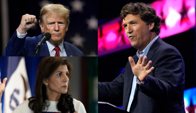 Former President Donald Trump, upper left, former United Nations Ambassador Nikki Haley, bottom left, and commentator Tucker Carlson, right.