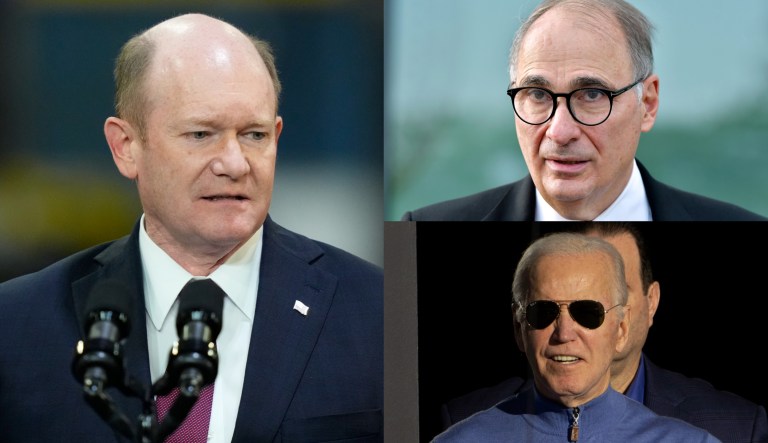 Sen. Chris Coons (D-DE), left, political strategist David Axelrod, upper right, and President Joe Biden, bottom right.