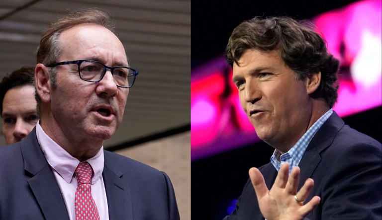 Actor Kevin Spacey, left, and commentator Tucker Carlson, right.