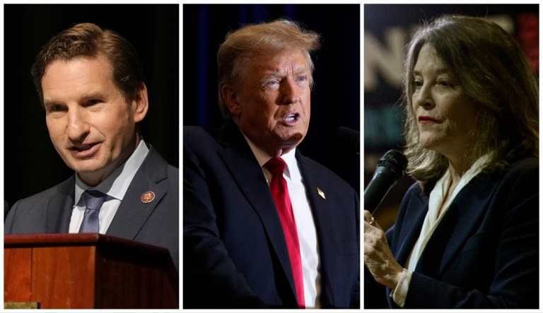 Left: Rep. Dean Phillips (D-MN); Center: Former President Donald Trump; Right: Democrat Marianne Williamson