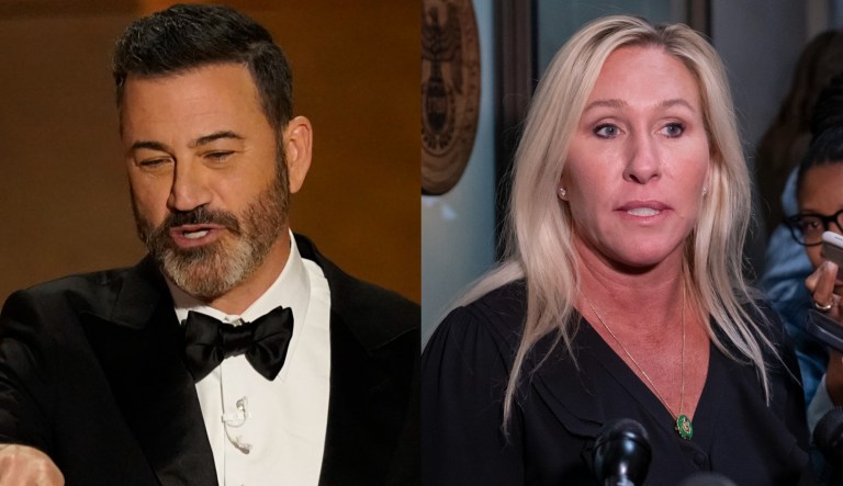 Late-night host Jimmy Kimmel, left, and Rep. Marjorie Taylor Greene (R-GA), right.