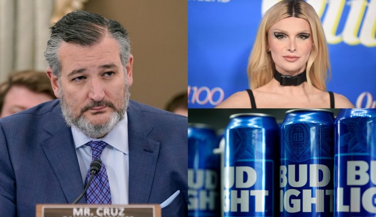 Sen. Ted Cruz (R-TX), left, social media influencer Dylan Mulvaney, upper right, and some cans of Bud Light, bottom right.