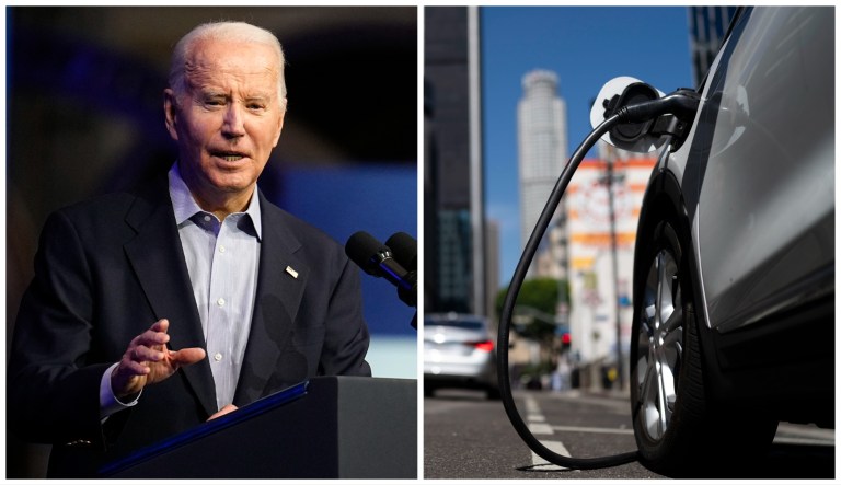 President Joe Biden and an electric vehicle plugged into a charger.