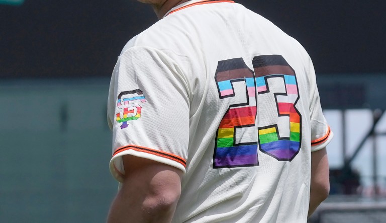 A San Francisco Giants' promotional jersey being given to fans as part of the team's Pride Day is worn on the field before a baseball game against the Chicago Cubs in San Francisco, Saturday, June 10, 2023. 