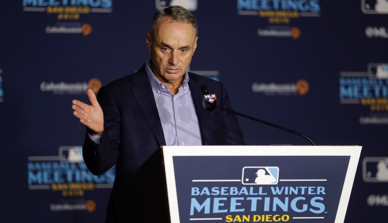 Commissioner Rob Manfred speaks during the Major League Baseball winter meetings Wednesday, Dec. 11, 2019, in San Diego.