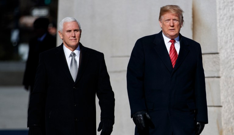 President Donald Trump and Vice President Mike Pence visit the Martin Luther King Jr. Memorial, Monday, Jan. 21, 2019, in Washington.