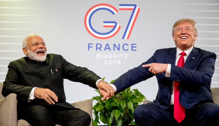 President Donald Trump and Indian Prime Minister Narendra Modi share a laugh together during a bilateral meeting at the G-7 summit in Biarritz, France, Monday, Aug. 26, 2019.