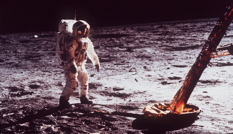 FILE - In this July  1969 file photo,  Astronaut Edwin Aldrin walks by the footpad of the Apollo 11 Lunar Module.