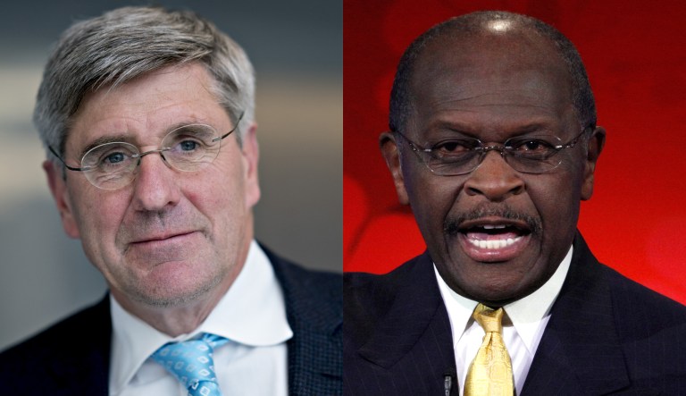 Pictured are Stephen Moore, left, and Herman Cain, right.