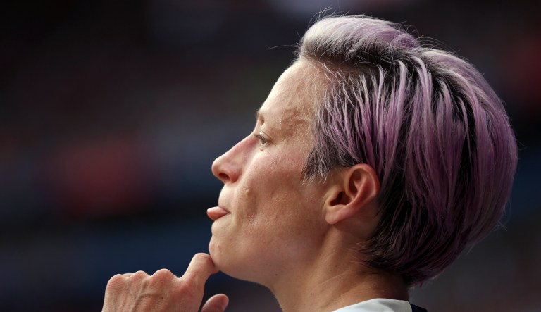 United States' Megan Rapinoe looks on during the Women's World Cup final soccer match between US and The Netherlands at the Stade de Lyon in Decines, outside Lyon, France, Sunday, July 7, 2019.