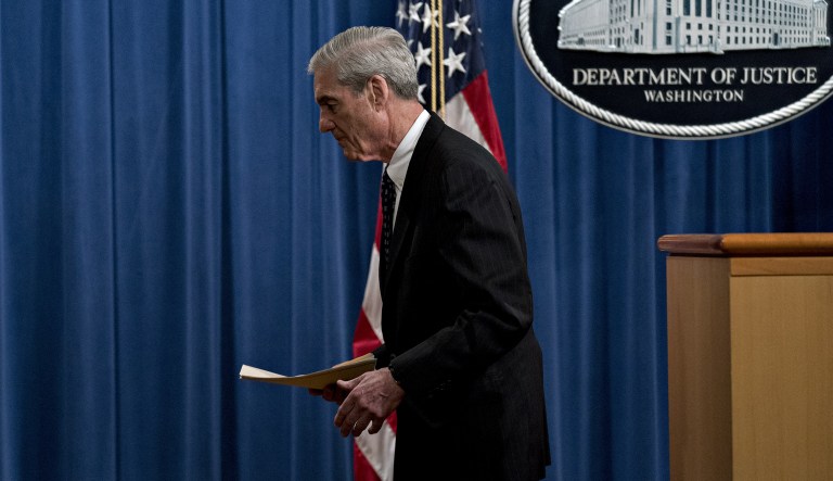 Robert Mueller, special counsel for the U.S. Department of Justice, exits after speaking at the Department of Justice (DOJ) in Washington, D.C., U.S., on Wednesday, May 29, 2019.