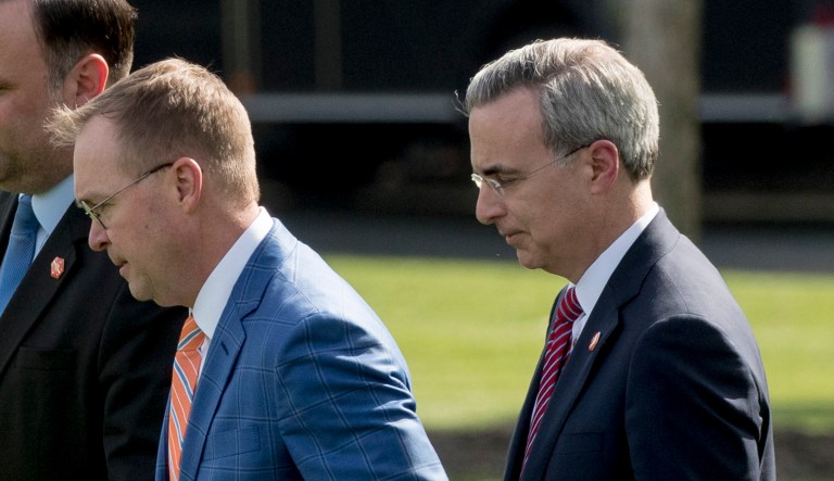 From left, White House Social Media Director Dan Scavino, President Donald Trump's Chief of Staff Mick Mulvaney, and White House Counsel Pat Cipollone, walk across the South lawn to board Marine One on the South Lawn of the White House, Thursday, April 18, 2019.