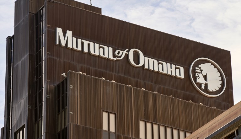 The Mutual of Omaha logo is seen at the company's corporate headquarters in Omaha, Nebraska, on Friday. Insurance company Mutual of Omaha has announced it will replace its longtime corporate logo, which features a depiction of a Native American chief.