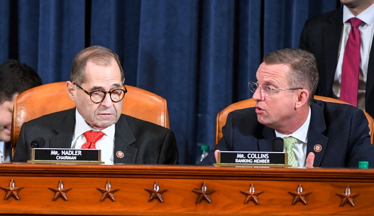House Judiciary Committee ranking member Rep. Doug Collins, R-Ga., right, voices his displeasure after House Judiciary Committee Chairman Rep. Jerrold Nadler, D-N.Y., announced a recess at a House Judiciary Committee markup of the articles of impeachment against President Donald Trump, on Capitol Hill in Washington, Thursday, Dec. 12, 2019. Nadler announced a recess and that votes would occur on Friday morning.