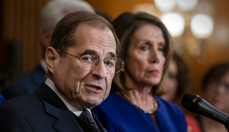 House Judiciary Committee Chairman Jerrold Nadler, D-N.Y., joined at right by Speaker of the House Nancy Pelosi, D-Calif., speaks about reauthorizing the Violence Against Women Act which provides funding and grants for a variety of programs that tackle domestic abuse, at the Capitol in Washington, Thursday, March 7, 2019.