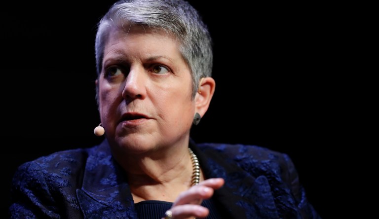 FILE - In this March 7, 2018, file photo, University of California President Janet Napolitano speaks during a meeting of The Commonwealth Club in San Francisco. The University of California's governing board will not be asked to vote on raising tuition at next month's meeting, so officials and students can continue lobbying for more state funding, UC President Janet Napolitano said Thursday, April 26, 2018.