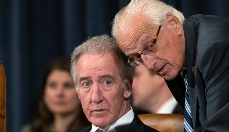 Rep. Richard Neal, D-Mass., left, the ranking member of the Ways and Means Committee, confers with Rep. Bill Pascrell, D-N.J., during the markup process of the GOP's far-reaching tax overhaul, on Capitol Hill in Washington, Monday, Nov. 6, 2017. 
