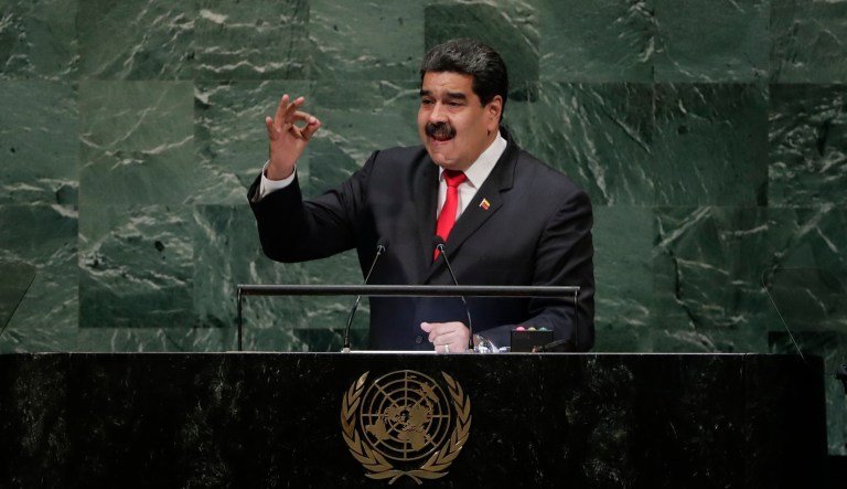 Venezuela's President Nicolas Maduro addresses the 73rd session of the United Nations General Assembly Wednesday, Sept. 26, 2018, at the United Nations headquarters.