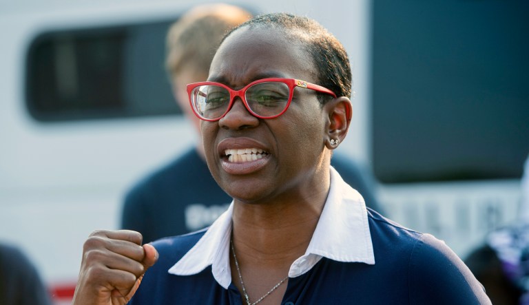 This July 7, 2021, file photo shows Nina Turner speaking with supporters near the Cuyahoga County Board of Elections before casting her vote in Cleveland. Turner is making another run at a Cleveland-area U.S. House seat in Ohio, the former state senator and top surrogate for Bernie Sanders's presidential campaign announced Wednesday, Jan. 26, 2022.