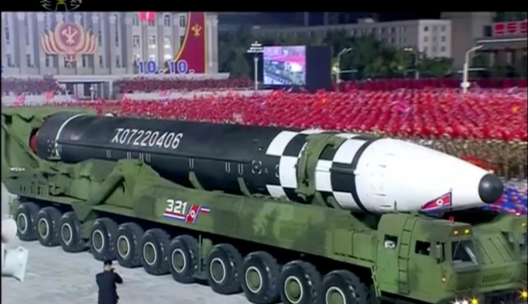 This image made from video broadcasted by North Korea's KRT, shows a military parade with what appears to be possible new intercontinental ballistic missile at the Kim Il Sung Square in Pyongyang, Saturday, Oct. 10, 2020.
