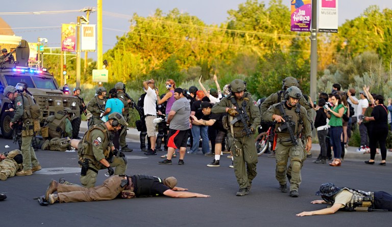 Man shot as protesters try to remove conquistador statue in New Mexico
