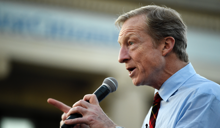 Democratic presidential hopeful Tom Steyer speaks at a campaign block party, Sunday, Feb. 9, 2020, in Winnsboro, S.C. (AP/Meg Kinnard)