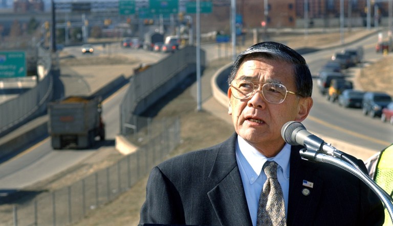 Transportation Secretary Norman Mineta talks about the Bush administration's transportation funding plan while standing beside Pennsylvania State Route 28 entering Pittsburgh's Northside, Wednesday, Feb. 18, 2004. 