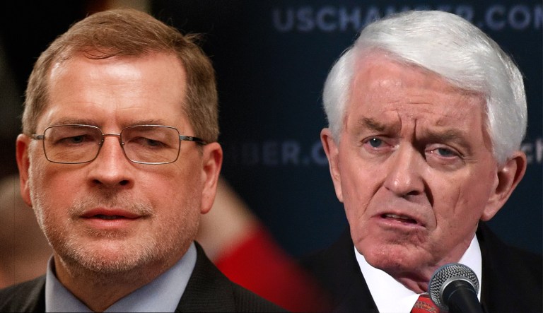 Grover Norquist of Americans for Tax Reform (left) and Thomas Donohue of the Chamber of Commerce (right) are seen.