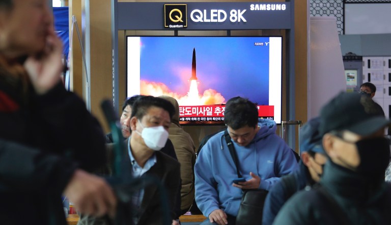 A television screen shows a file image of North Korea's missile launch during a news program at the Seoul Railway Station in Seoul, South Korea, Saturday, March 21, 2020. North Korea on Saturday fired two presumed short-range ballistic missiles into the sea, South Korea's military said, as it continues to expand military capabilities amid deadlocked nuclear negotiations with the Trump administration and a crippling global health crisis.