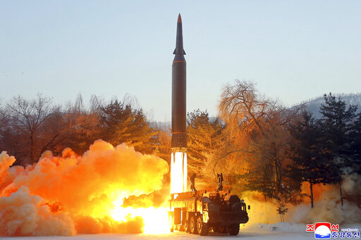 This photo provided by the North Korean government, shows what it says a test launch of a hypersonic missile in North Korea Wednesday, Jan. 5, 2022. Independent journalists were not given access to cover the event depicted in this image distributed by the North Korean government. The content of this image is as provided and cannot be independently verified. Korean language watermark on image as provided by source reads: 