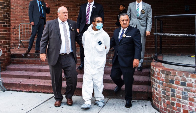 Tyrese Devon Haspil, 21, is walked out of NYPD 7th Precinct after been charged with second-degree murder in the death of the 33-year-old tech CEO Fahim Saleh on Friday in New York.