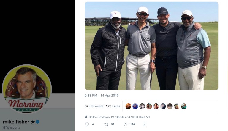 Screenshot of Mike Fisher's Twitter, of a tweet with a photo of former President Barack Obama, second from the left, golfing with former Dallas Cowboys players Emmitt Smith, left, Tony Romo, second from the right, and former mayor of Dallas, Ron Kirk, right.