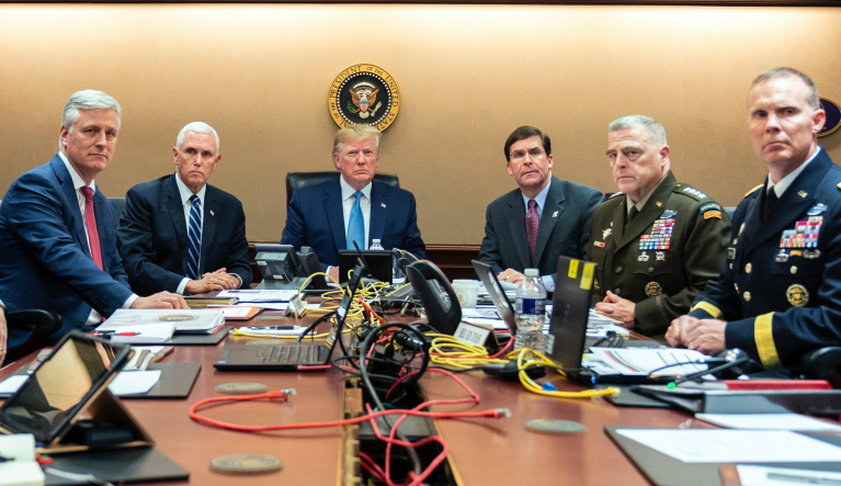 In this photo provided by the White House, President Donald Trump is joined by from left, national security adviser Robert O'Brien, Vice President Mike Pence, Defense Secretary mark Esper, Joint Chiefs Chairman Gen. Mark Milley and Brig. Gen. Marcus Evans, Deputy Director for Special Operations on the Joint Staff, Saturday, Oct. 26, 2019, in the Situation Room of the White House in Washington. monitoring developments as in the U.S. Special Operations forces raid that took out Islamic State leader Abu Bakr al-Baghdadi. (Shealah Craighead/The White House via AP)