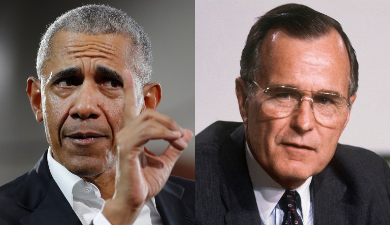 Former presidents Barack Obama and George H.W. Bush are pictured.